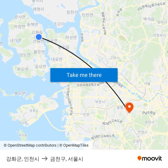 강화군, 인천시 to 금천구, 서울시 map