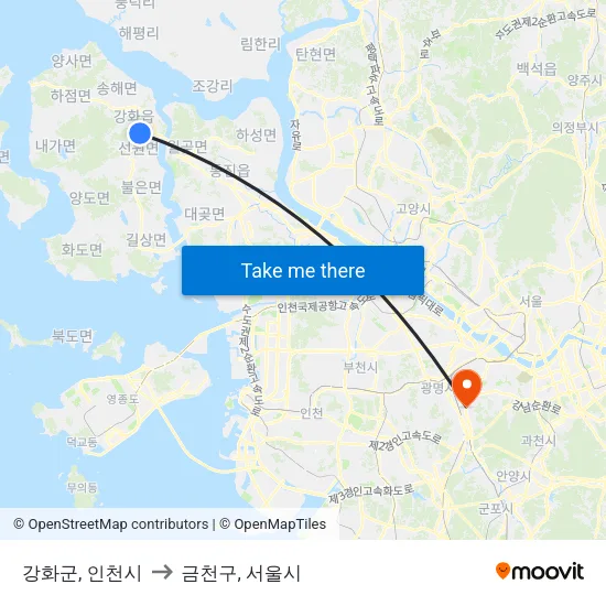 강화군, 인천시 to 금천구, 서울시 map