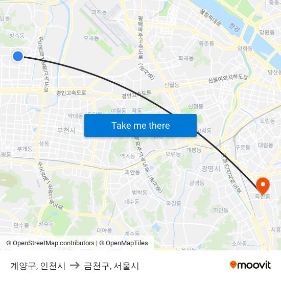 계양구, 인천시 to 금천구, 서울시 map