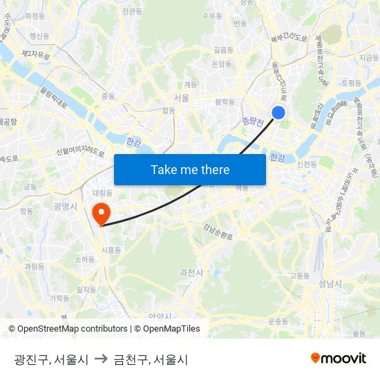 광진구, 서울시 to 금천구, 서울시 map