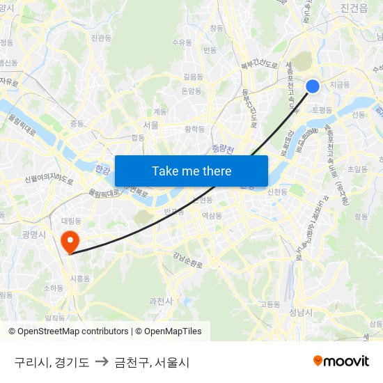 구리시, 경기도 to 금천구, 서울시 map