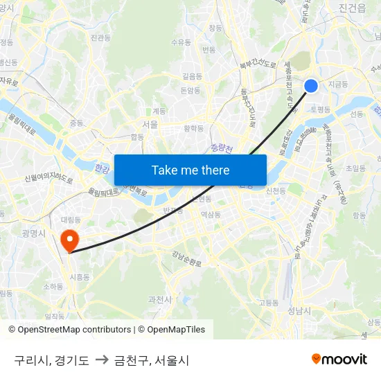 구리시, 경기도 to 금천구, 서울시 map