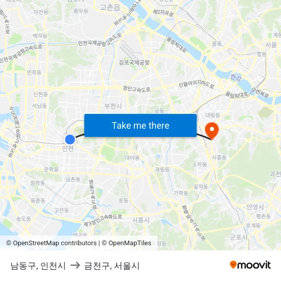 남동구, 인천시 to 금천구, 서울시 map