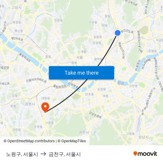 노원구, 서울시 to 금천구, 서울시 map