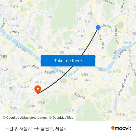 노원구, 서울시 to 금천구, 서울시 map