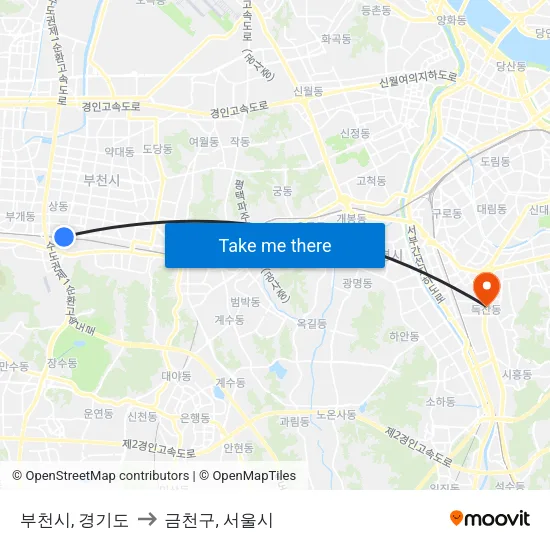부천시, 경기도 to 금천구, 서울시 map