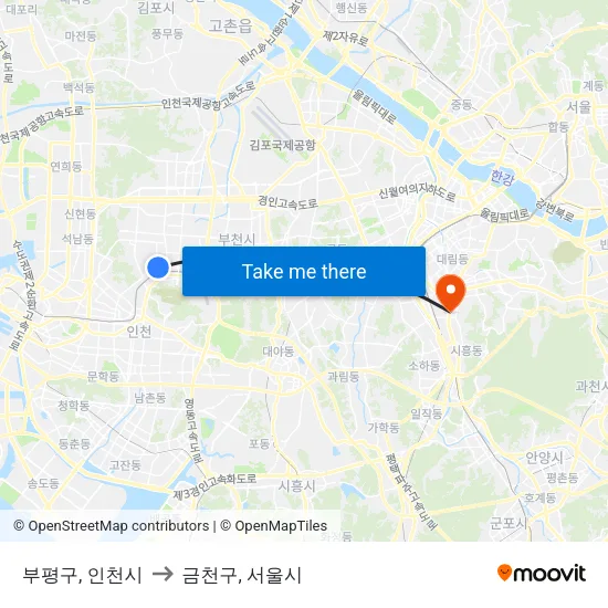 부평구, 인천시 to 금천구, 서울시 map