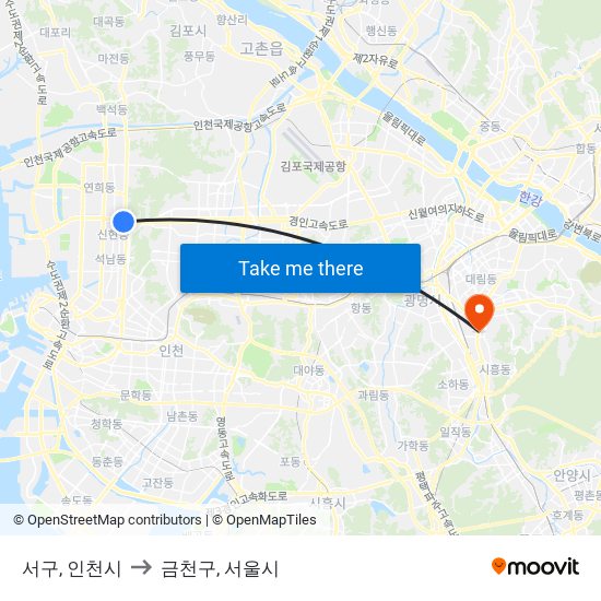 서구, 인천시 to 금천구, 서울시 map