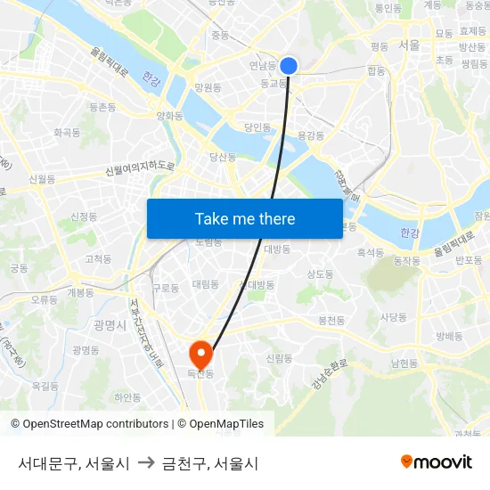 서대문구, 서울시 to 금천구, 서울시 map