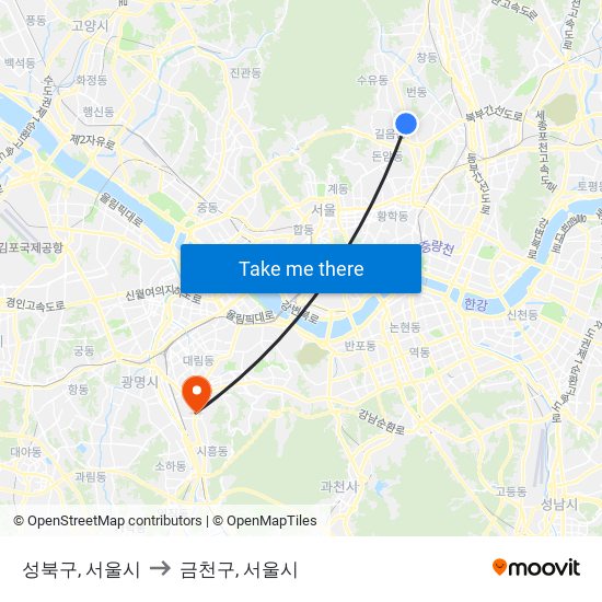 성북구, 서울시 to 금천구, 서울시 map