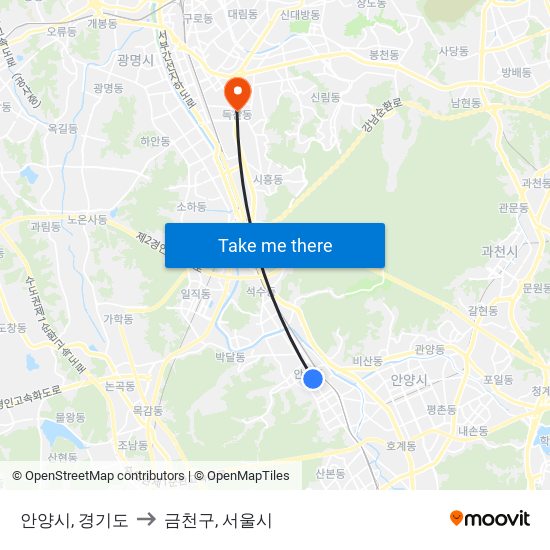 안양시, 경기도 to 금천구, 서울시 map