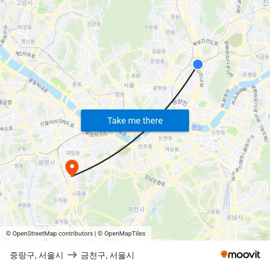 중랑구, 서울시 to 금천구, 서울시 map