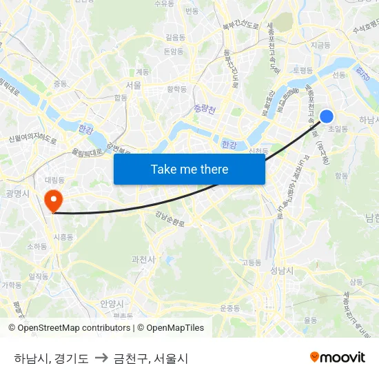 하남시, 경기도 to 금천구, 서울시 map