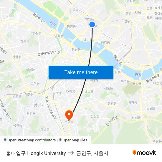 홍대입구 Hongik University to 금천구, 서울시 map