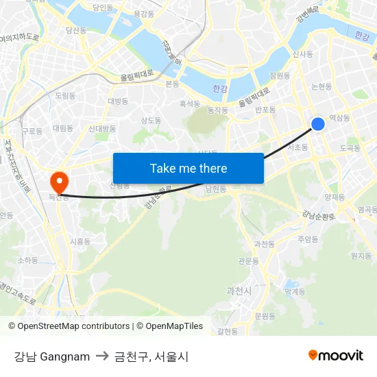 강남 Gangnam to 금천구, 서울시 map