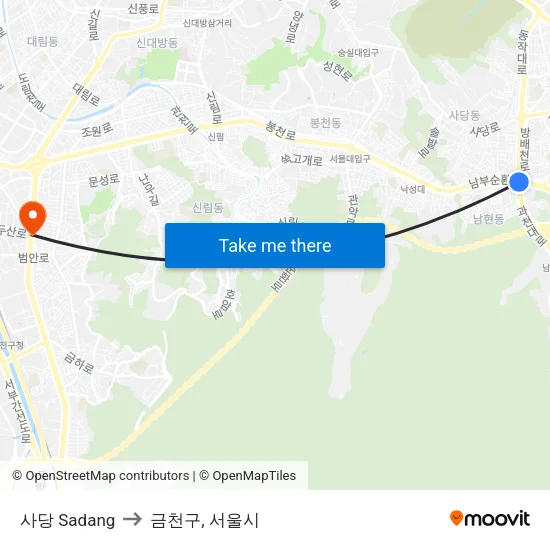 사당 Sadang to 금천구, 서울시 map