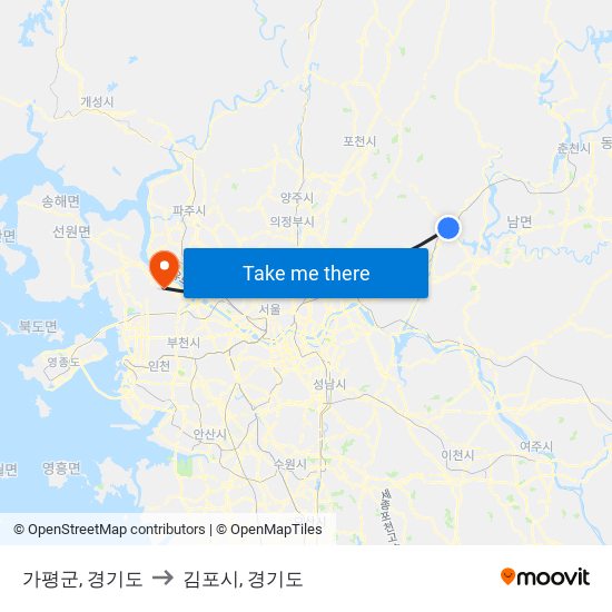 가평군, 경기도 to 김포시, 경기도 map