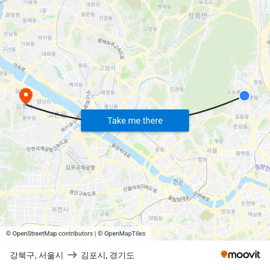 강북구, 서울시 to 김포시, 경기도 map
