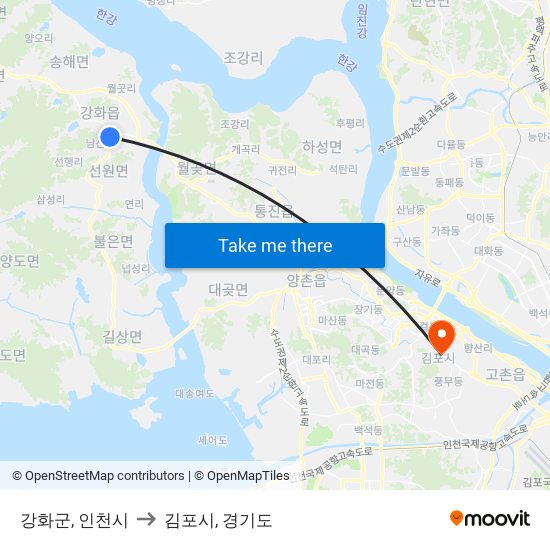 강화군, 인천시 to 김포시, 경기도 map