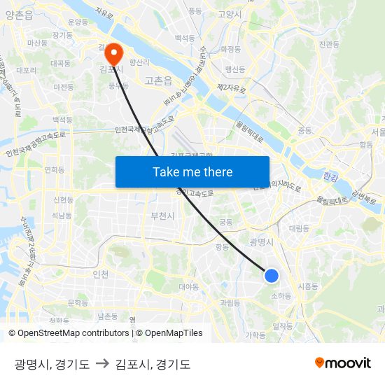 광명시, 경기도 to 김포시, 경기도 map