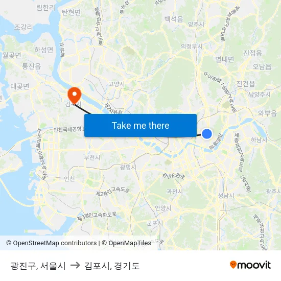 광진구, 서울시 to 김포시, 경기도 map