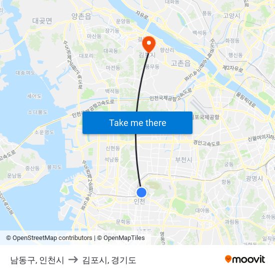 남동구, 인천시 to 김포시, 경기도 map