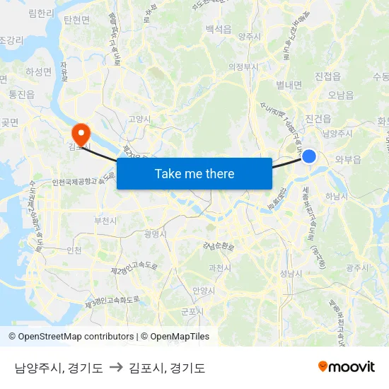 남양주시, 경기도 to 김포시, 경기도 map