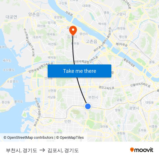 부천시, 경기도 to 김포시, 경기도 map