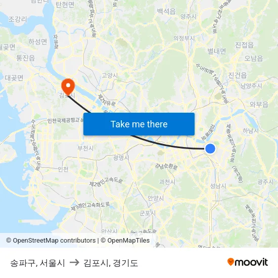 송파구, 서울시 to 김포시, 경기도 map