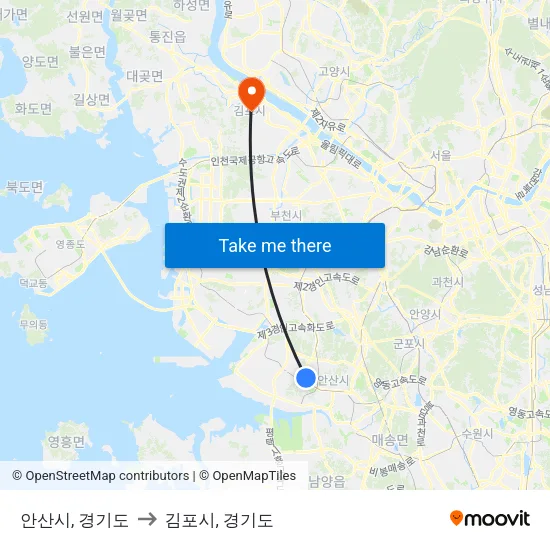 안산시, 경기도 to 김포시, 경기도 map