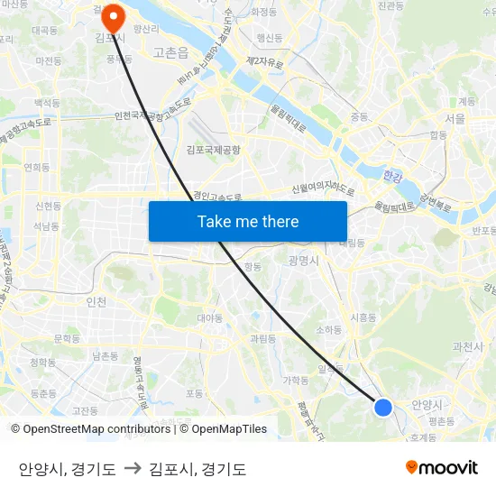 안양시, 경기도 to 김포시, 경기도 map