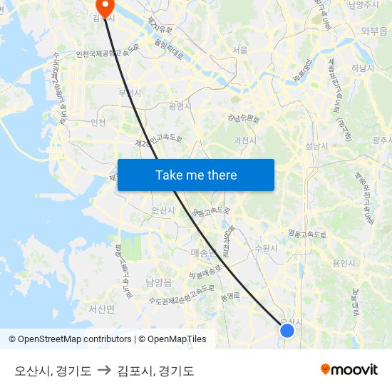 오산시, 경기도 to 김포시, 경기도 map