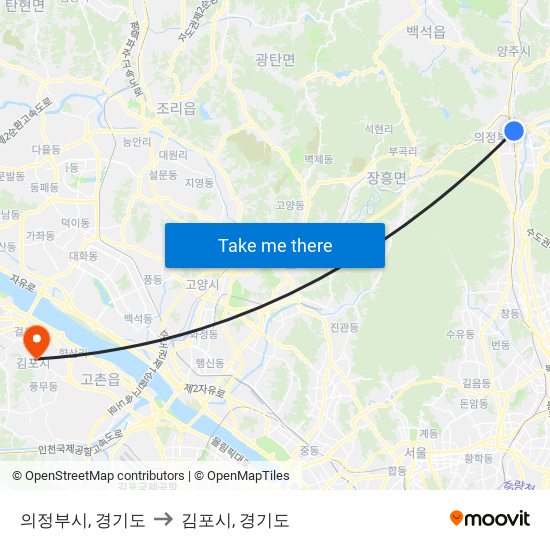 의정부시, 경기도 to 김포시, 경기도 map