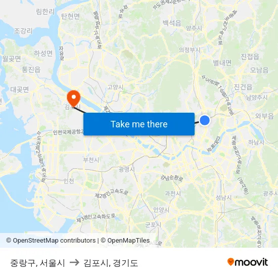 중랑구, 서울시 to 김포시, 경기도 map