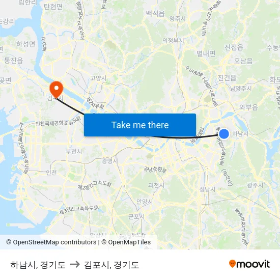 하남시, 경기도 to 김포시, 경기도 map