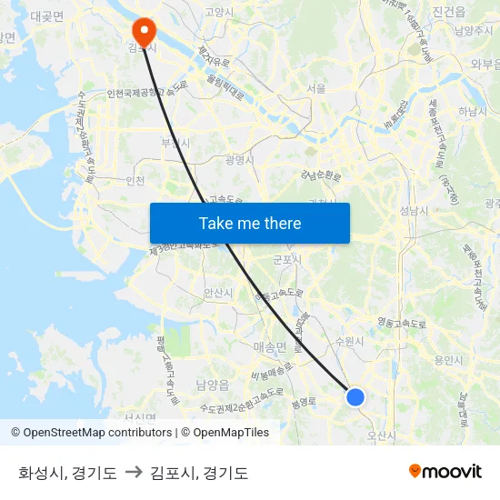 화성시, 경기도 to 김포시, 경기도 map