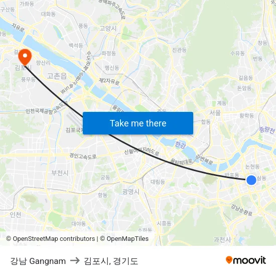 강남 Gangnam to 김포시, 경기도 map