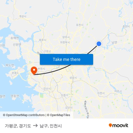 가평군, 경기도 to 남구, 인천시 map