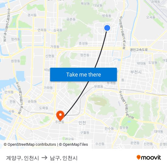 계양구, 인천시 to 남구, 인천시 map