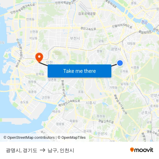 광명시, 경기도 to 남구, 인천시 map