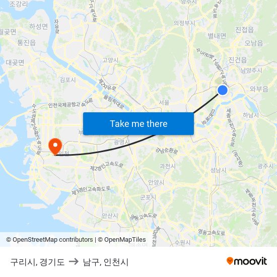 구리시, 경기도 to 남구, 인천시 map