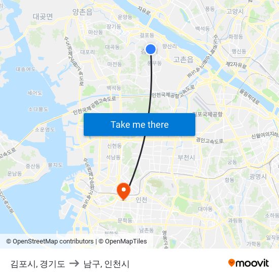 김포시, 경기도 to 남구, 인천시 map
