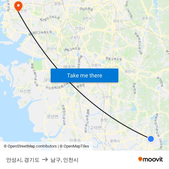 안성시, 경기도 to 남구, 인천시 map