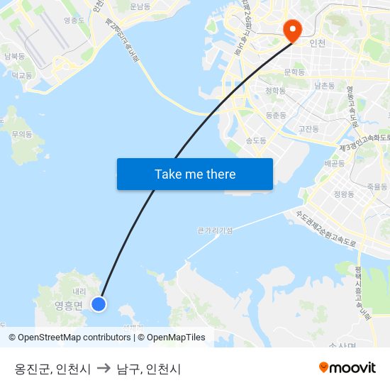옹진군, 인천시 to 남구, 인천시 map