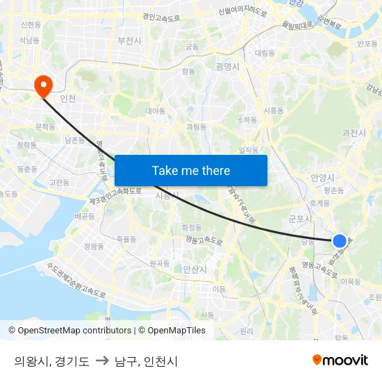 의왕시, 경기도 to 남구, 인천시 map