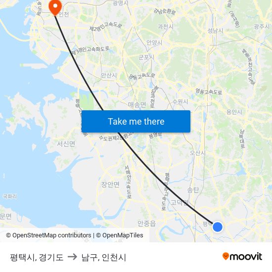 평택시, 경기도 to 남구, 인천시 map