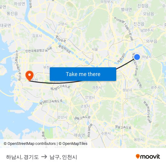 하남시, 경기도 to 남구, 인천시 map