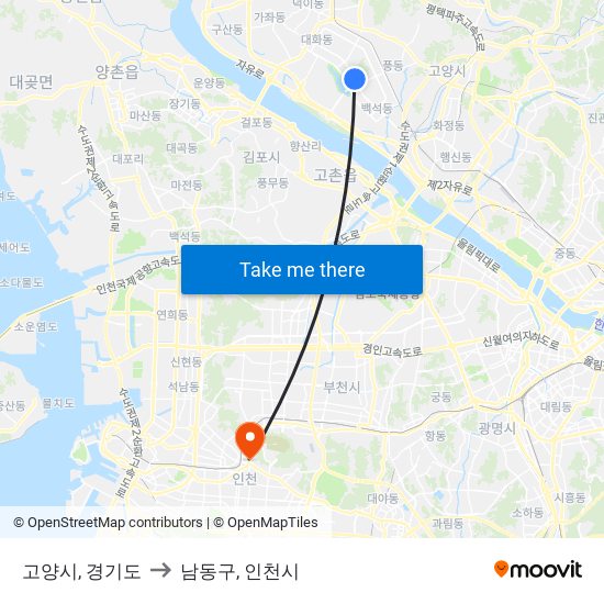 고양시, 경기도 to 남동구, 인천시 map