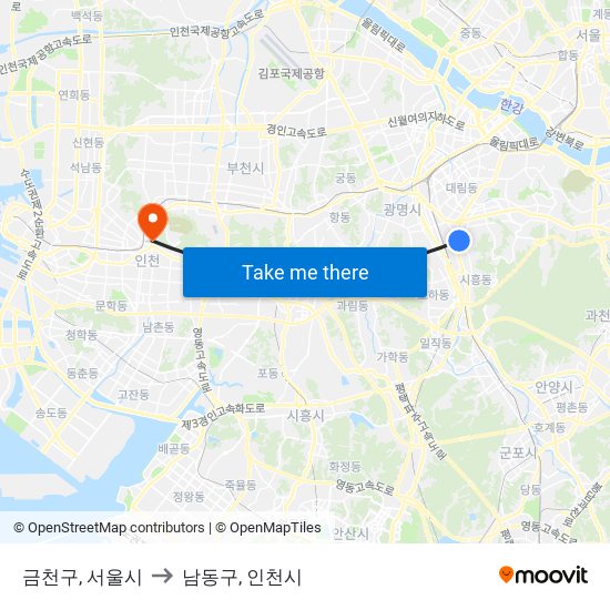 금천구, 서울시 to 남동구, 인천시 map