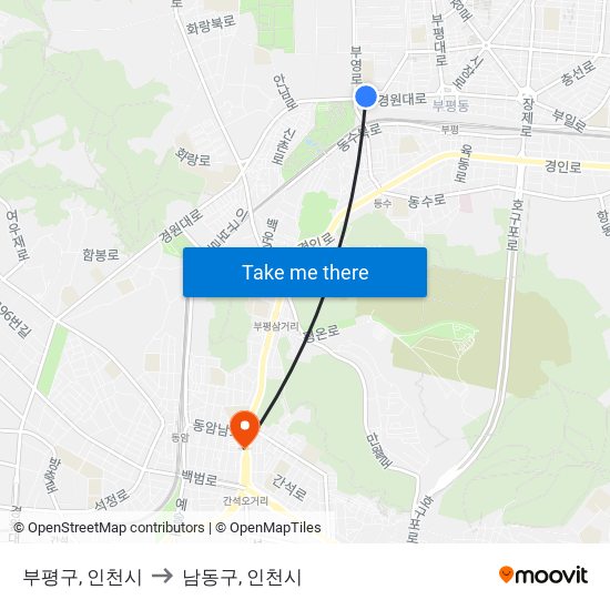 부평구, 인천시 to 남동구, 인천시 map